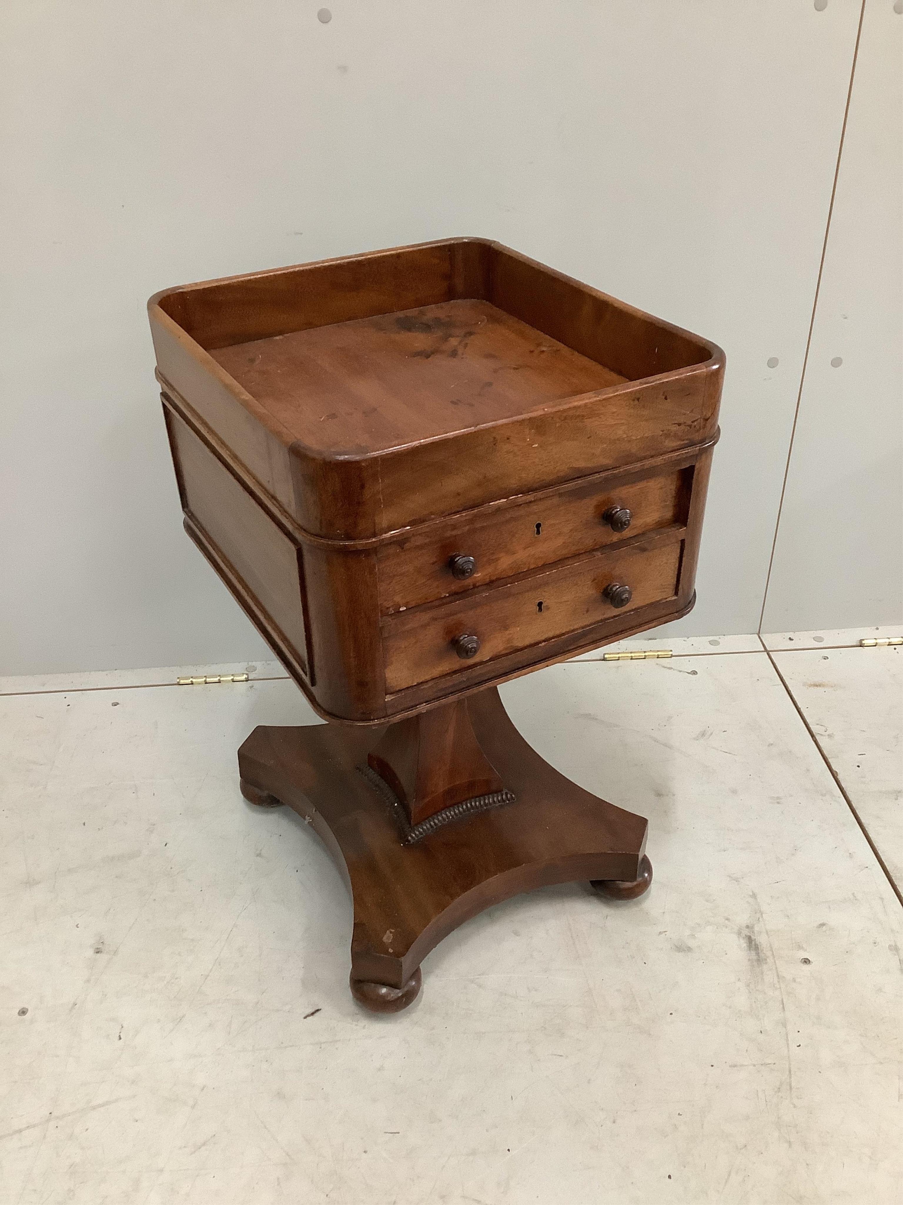 A William IV mahogany tray top work table, width 40cm, depth 45cm, height 68cm